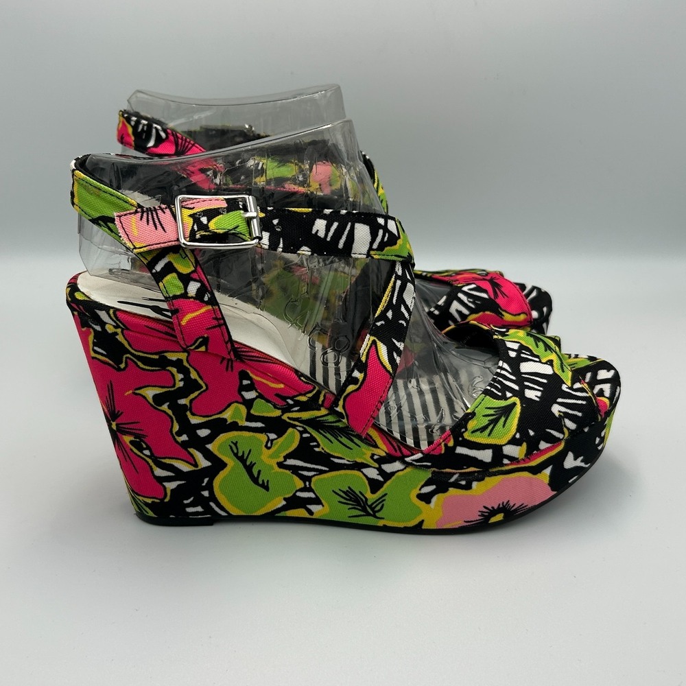 Platform Sandals Wedge Tropical Flowers Neon Pink Green Black Slingback Y2K Sz 8